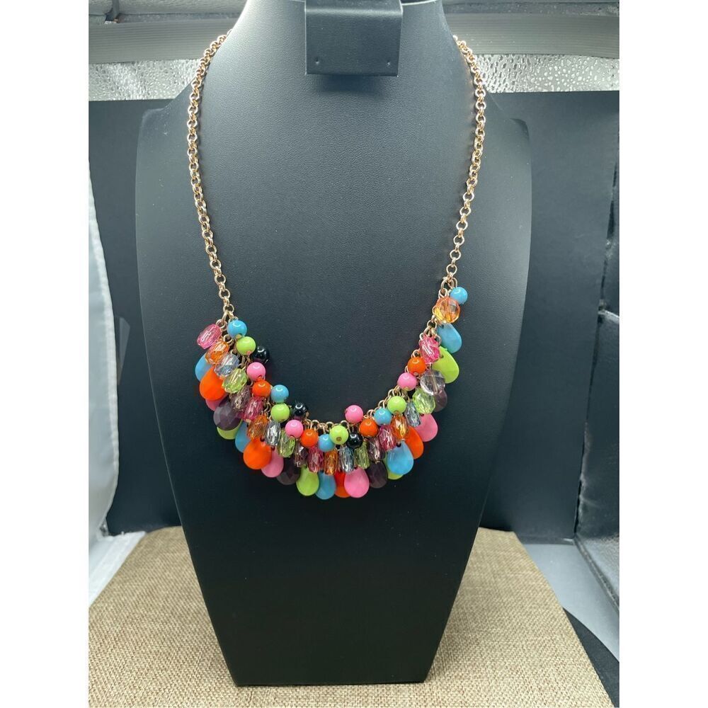 Stamped Waterfall Necklace Multicolor Beads Gold Tone Chain Boho Chic